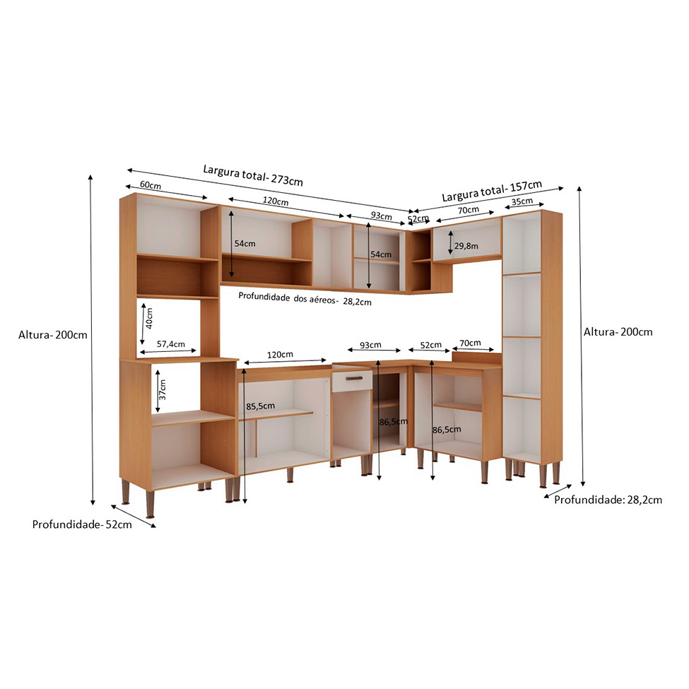 Cozinha Completa Essência 100% MDF 15 Portas 1 Gaveta Freijó e Off White