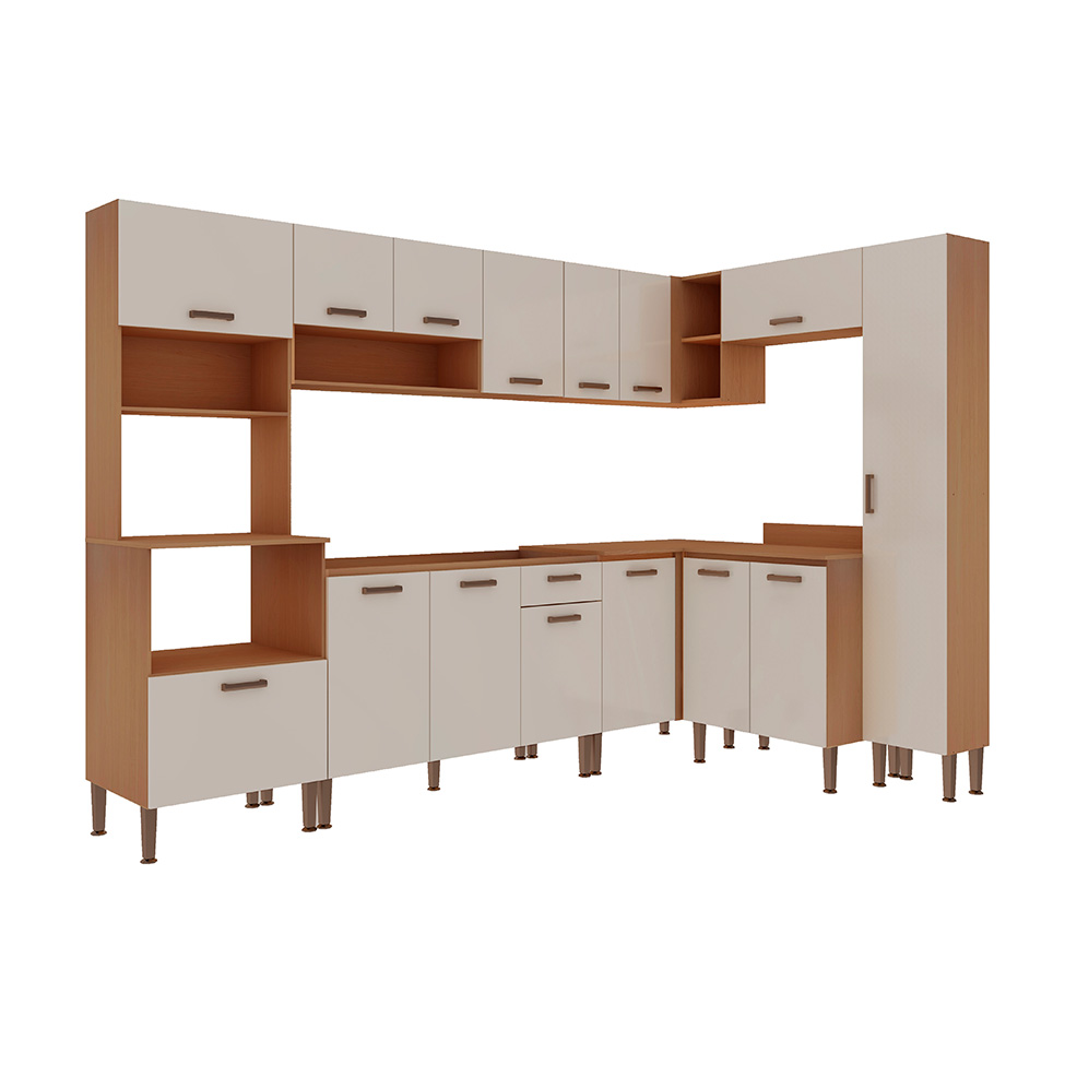 Cozinha Completa Essência 100% MDF 15 Portas 1 Gaveta Freijó e Off White