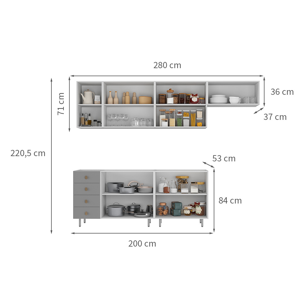 Cozinha Completa Maranello 100% MDF 10 Portas 4 Gavetas Cinza