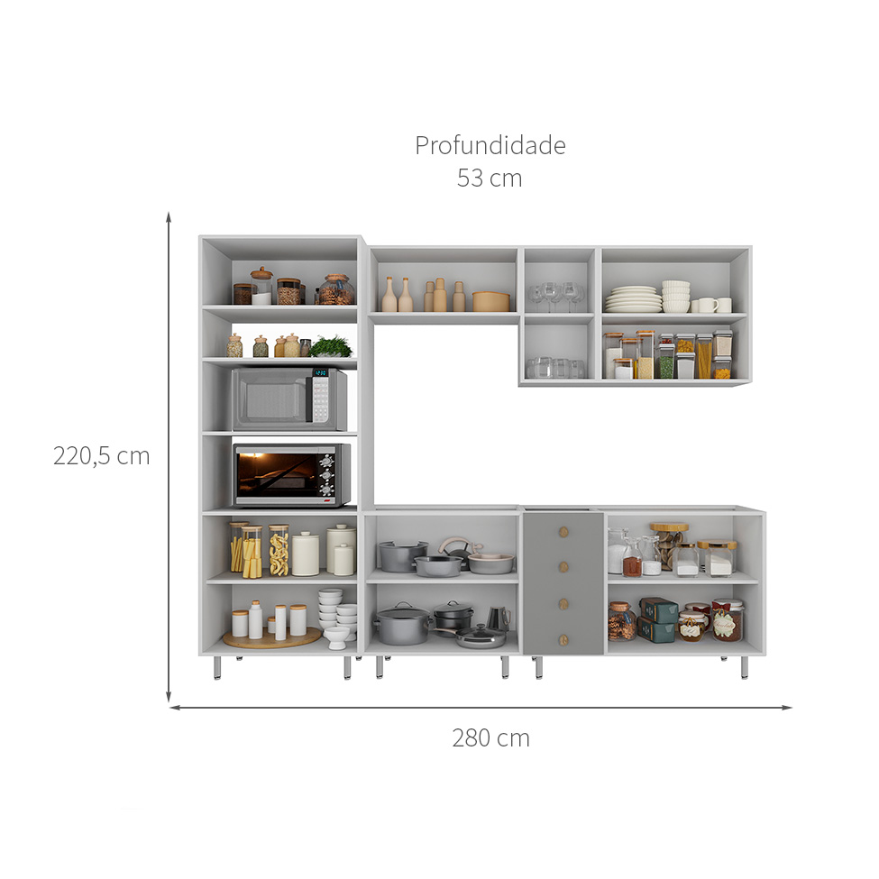Cozinha Completa Maranello 100% MDF 11 Portas 4 Gavetas Cinza