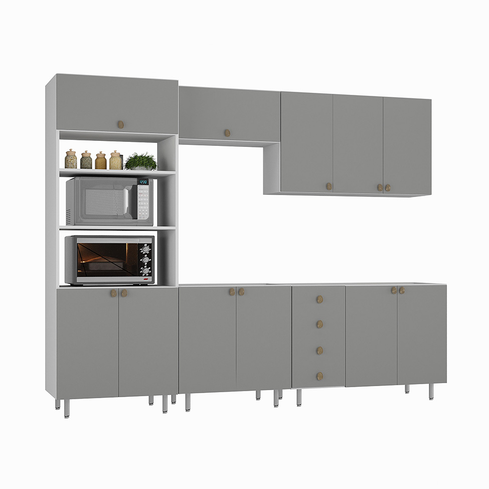 Cozinha Completa Maranello 100% MDF 11 Portas 4 Gavetas Cinza
