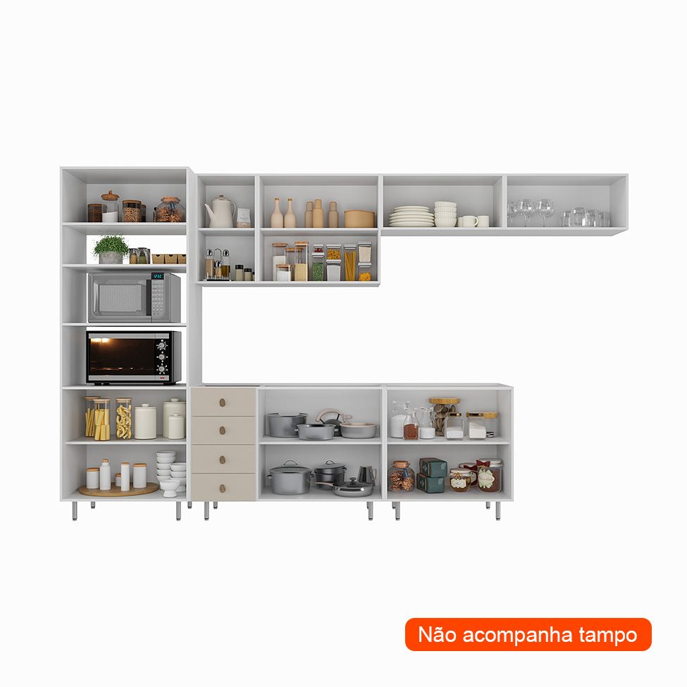 Cozinha Completa Maranello 100% MDF 12 Portas 4 Gavetas Bege