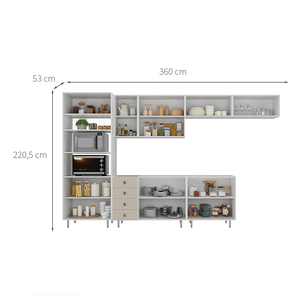 Cozinha Completa Maranello 100% MDF 12 Portas 4 Gavetas Bege