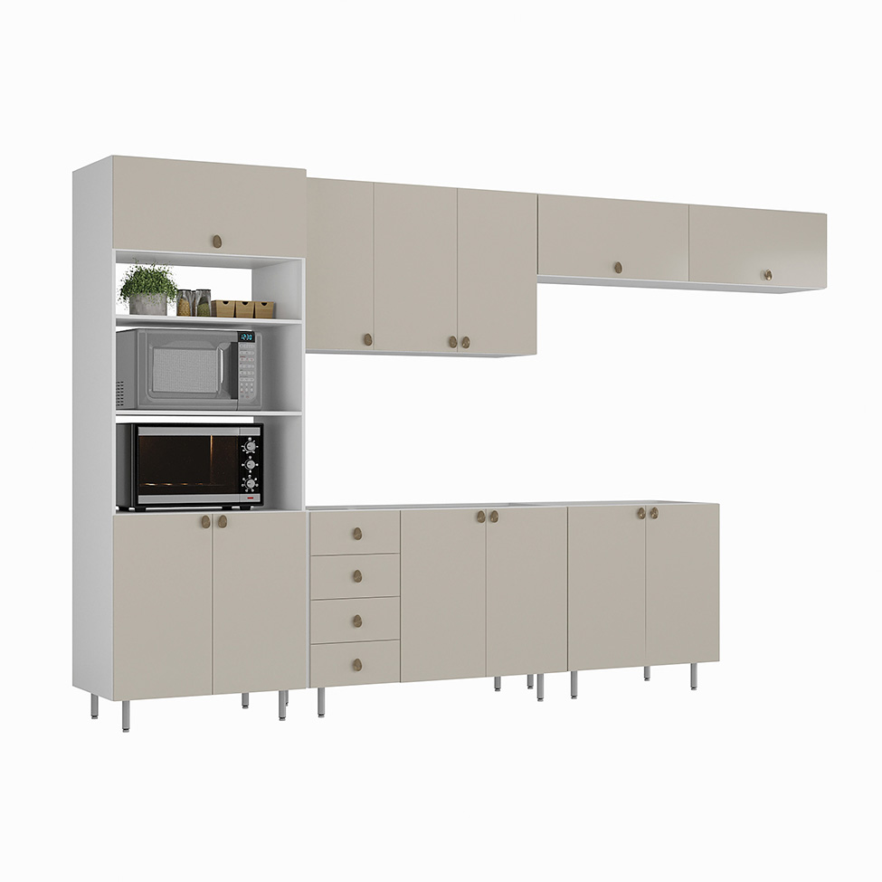 Cozinha Completa Maranello 100% MDF 12 Portas 4 Gavetas Bege
