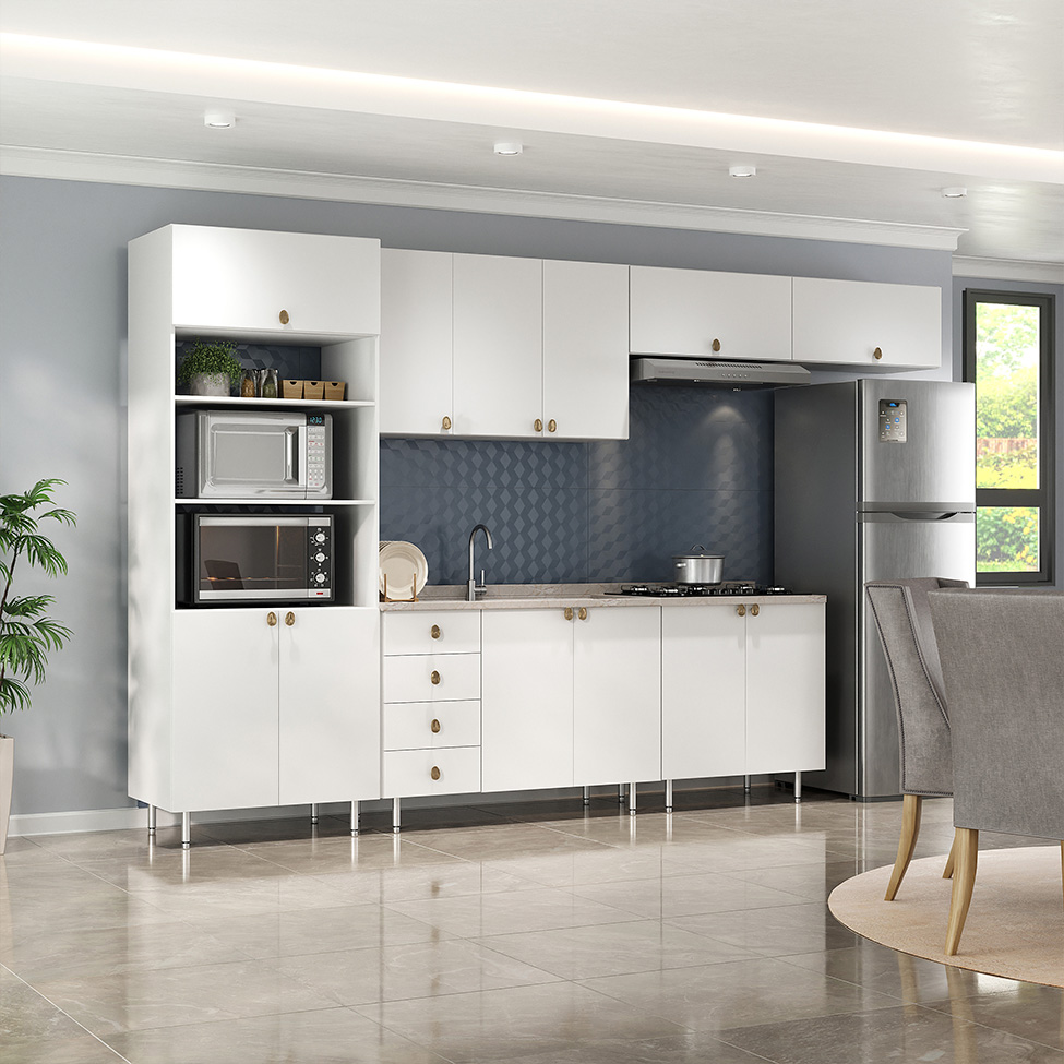 Cozinha Completa Maranello 100% MDF 12 Portas 4 Gavetas Branco