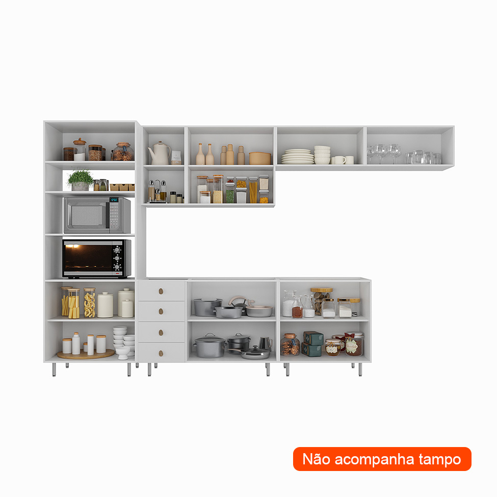 Cozinha Completa Maranello 100% MDF 12 Portas 4 Gavetas Branco