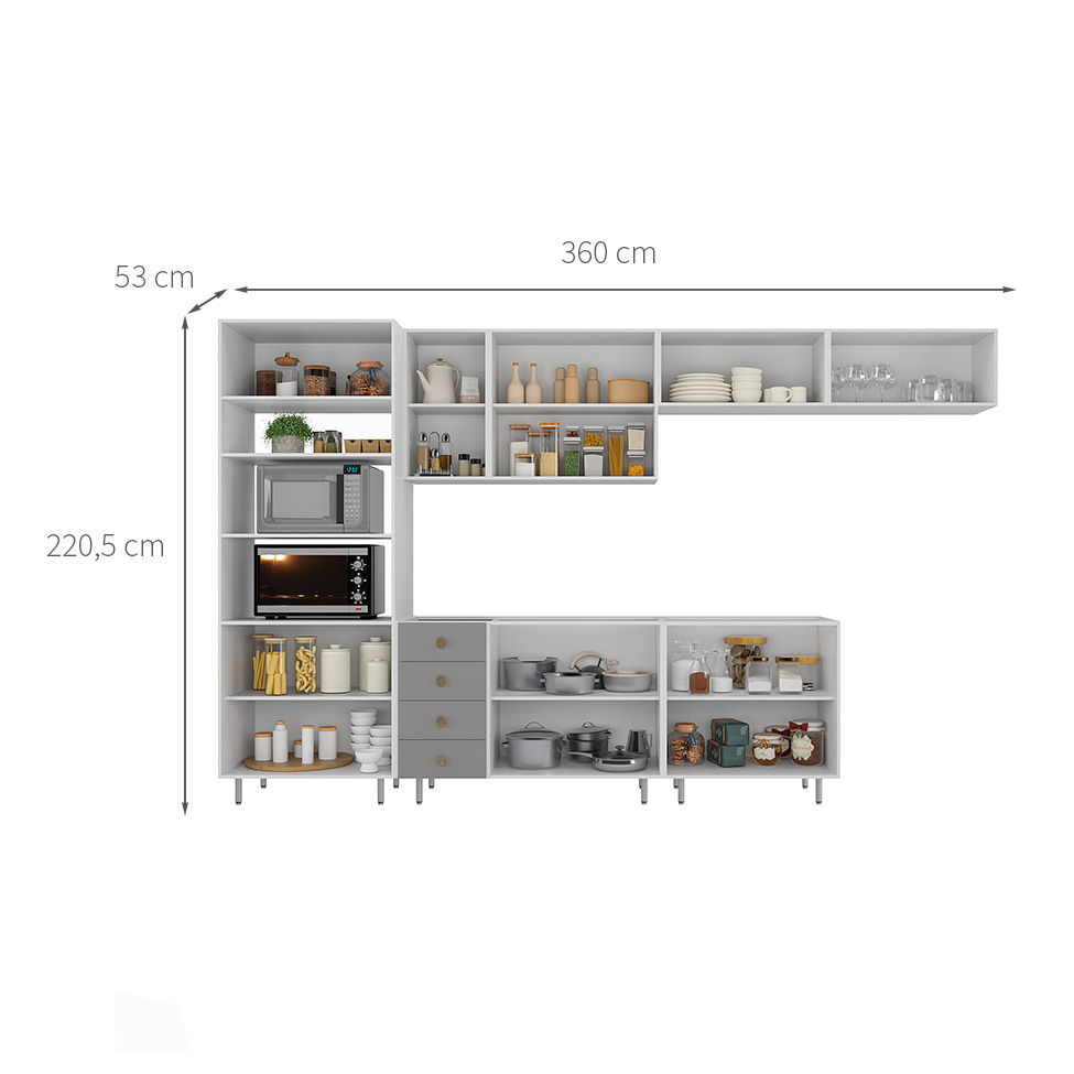 Cozinha Completa Maranello 100% MDF 12 Portas 4 Gavetas Cinza