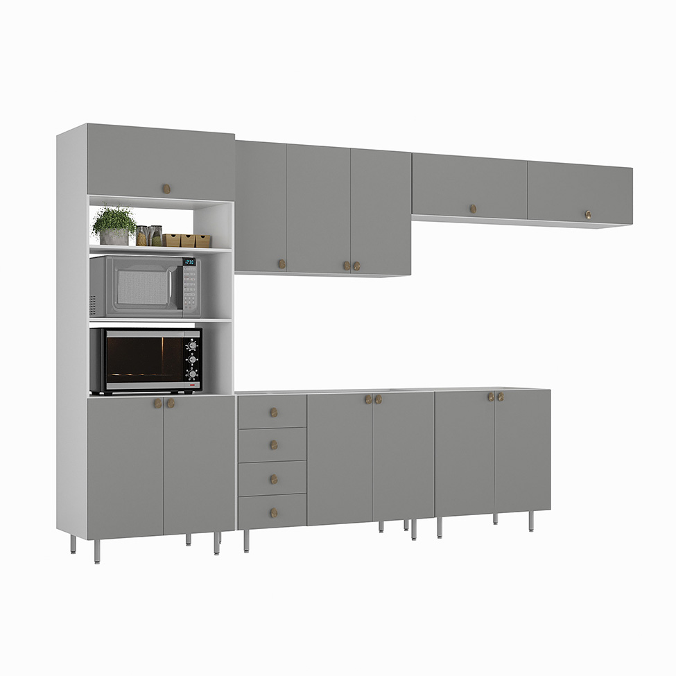 Cozinha Completa Maranello 100% MDF 12 Portas 4 Gavetas Cinza