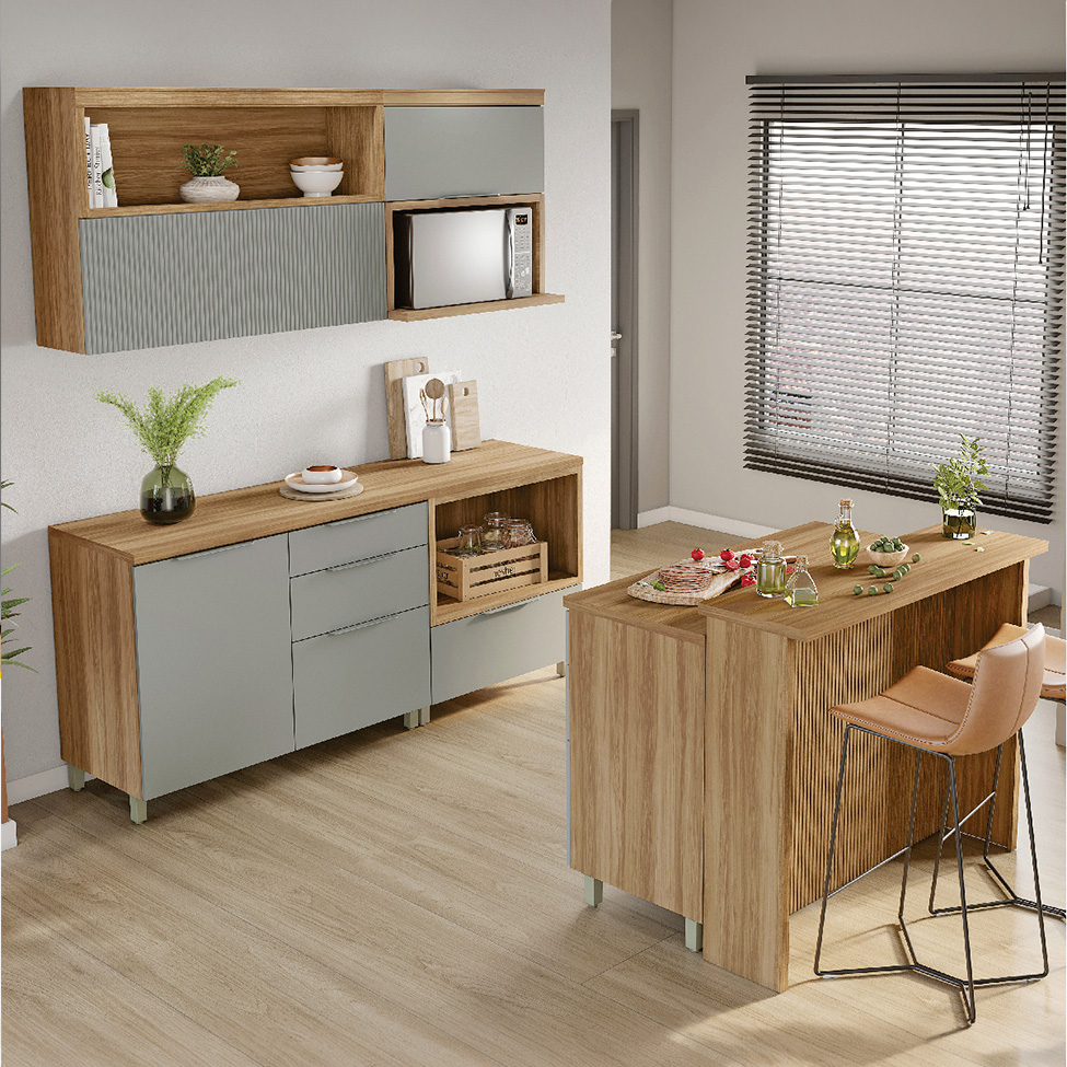 Cozinha Completa Marquesa I com Ilha 100% MDF 4 Portas 7 Gavetas Verde e Nature