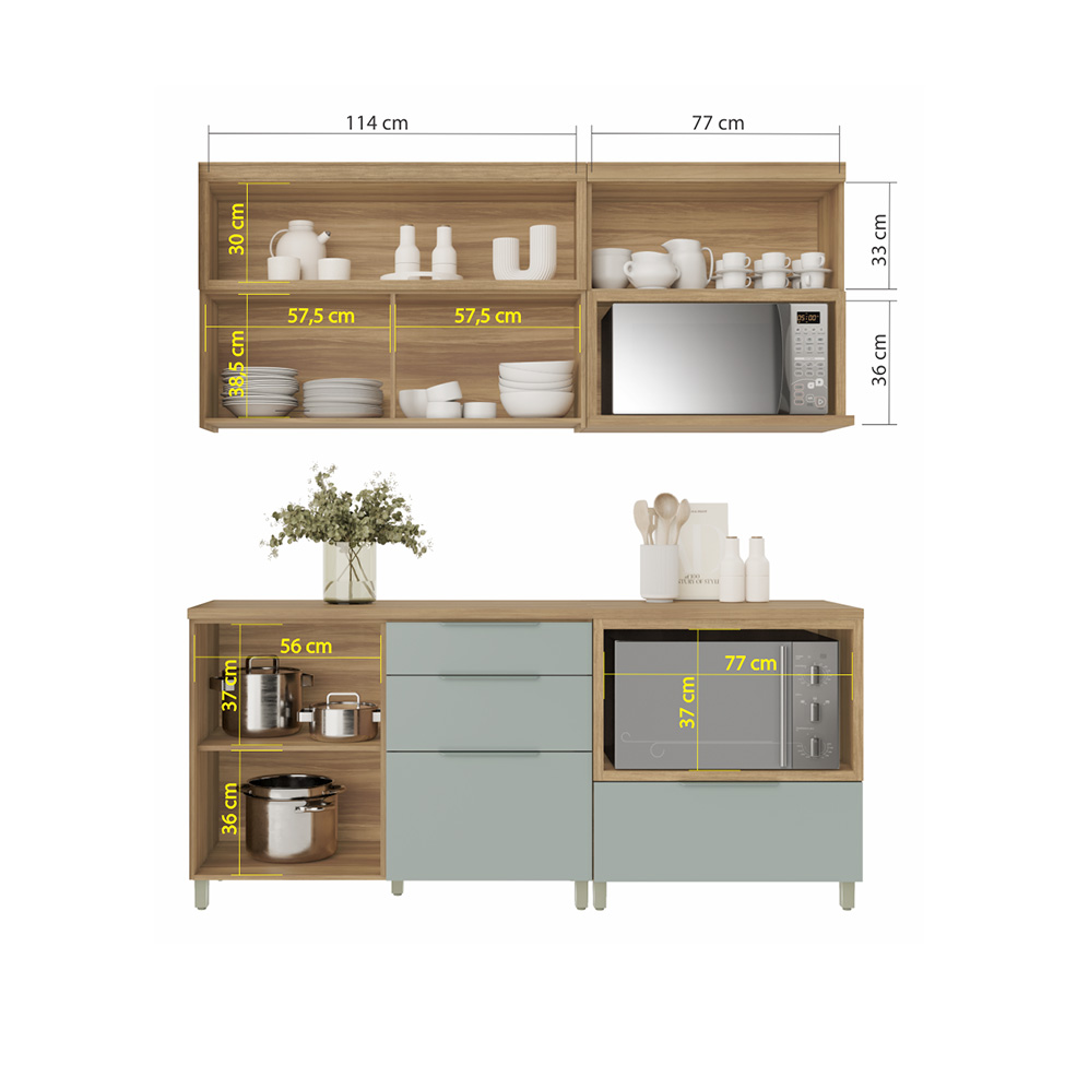 Cozinha Completa Marquesa I com Ilha 100% MDF 4 Portas 7 Gavetas Verde e Nature