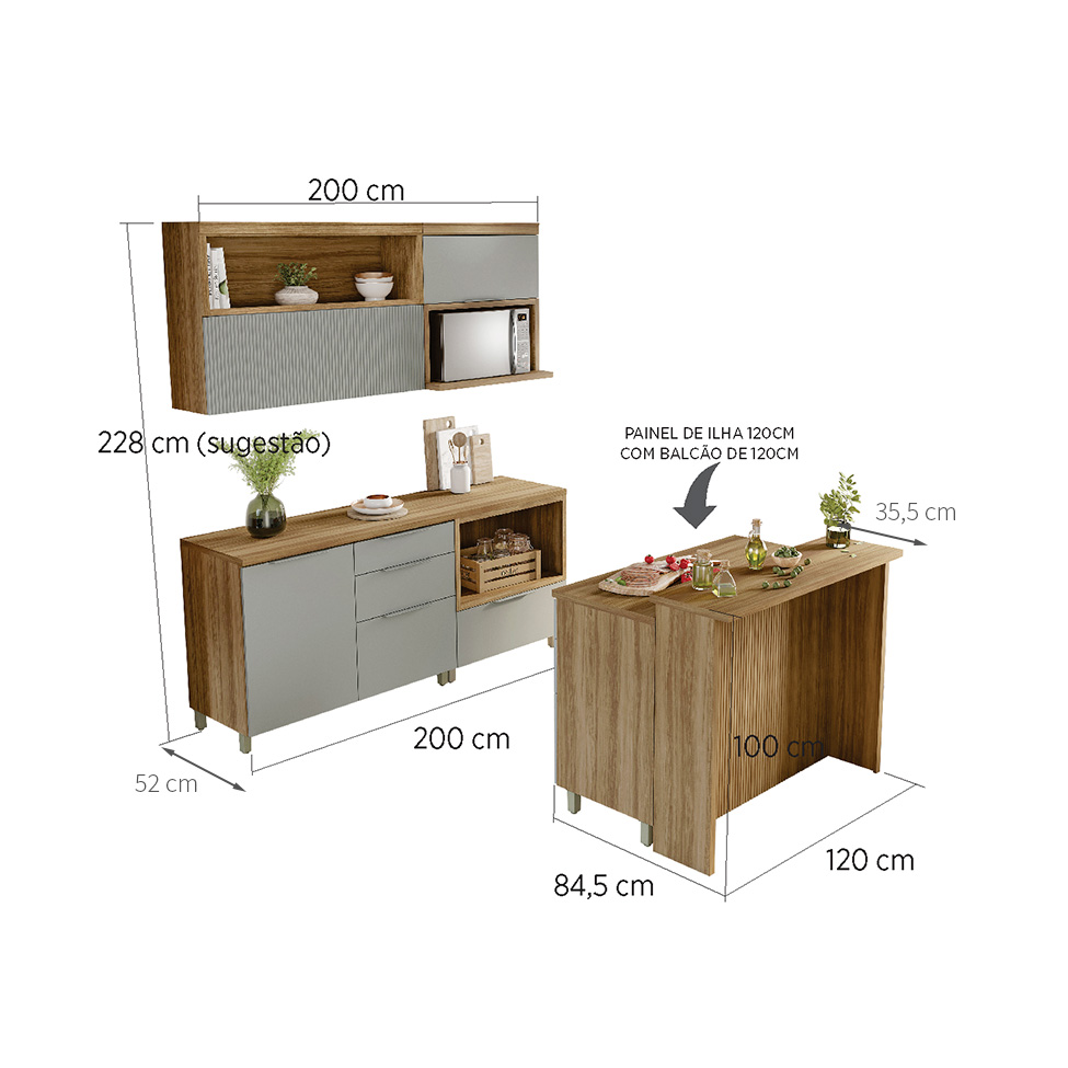 Cozinha Completa Marquesa I com Ilha 100% MDF 4 Portas 7 Gavetas Verde e Nature