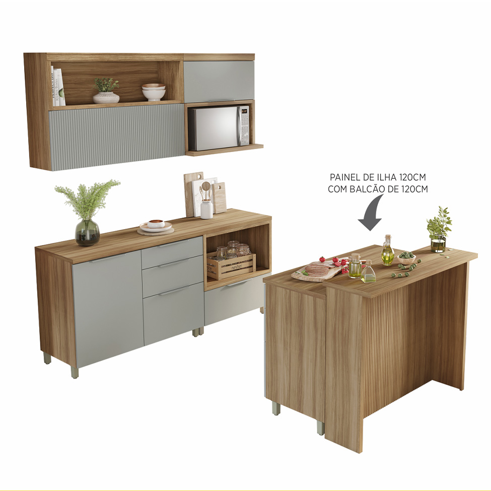 Cozinha Completa Marquesa I com Ilha 100% MDF 4 Portas 7 Gavetas Verde e Nature