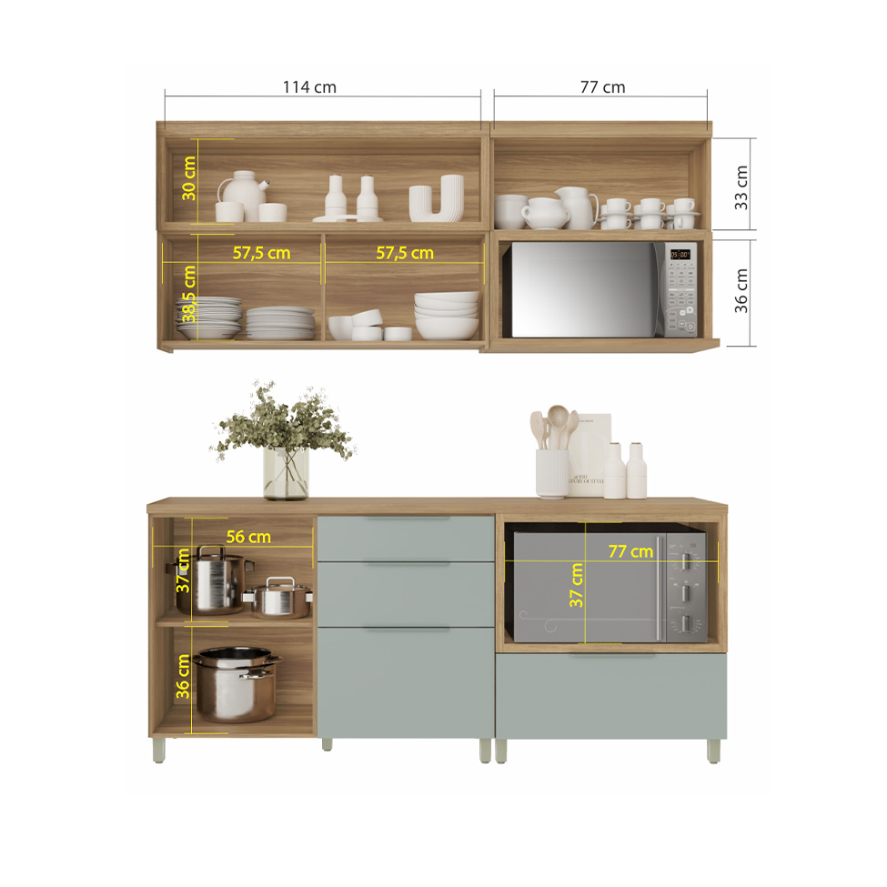 Cozinha Completa Marquesa II com Ilha 100% MDF 4 Portas 7 Gavetas Verde e Nature