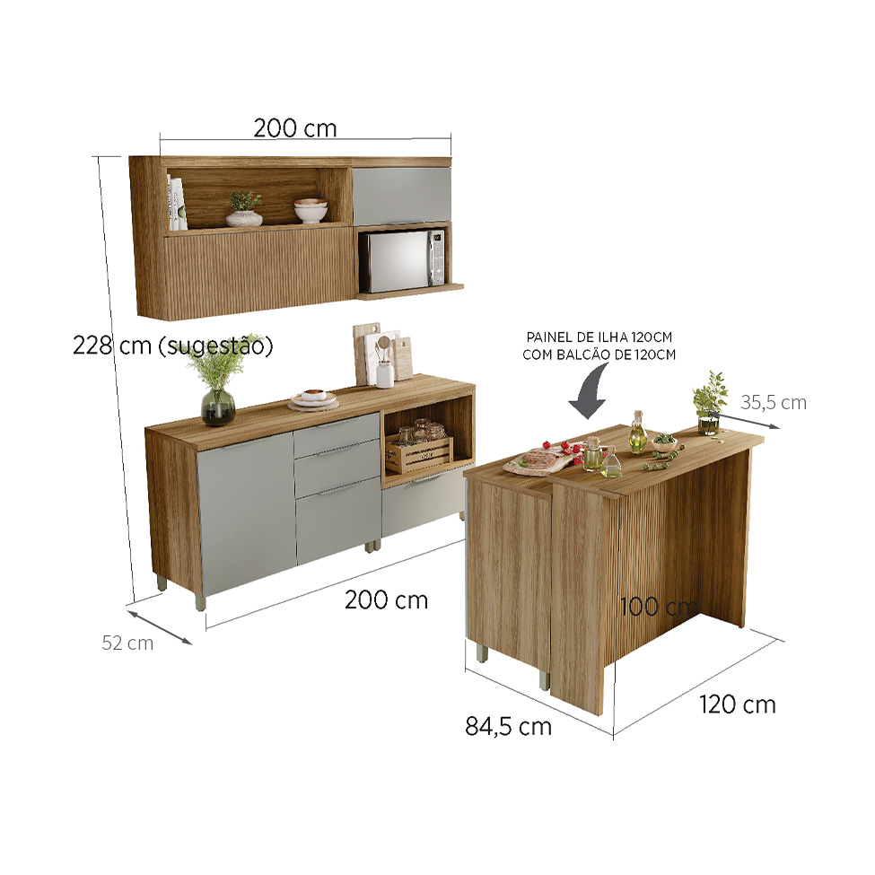 Cozinha Completa Marquesa II com Ilha 100% MDF 4 Portas 7 Gavetas Verde e Nature
