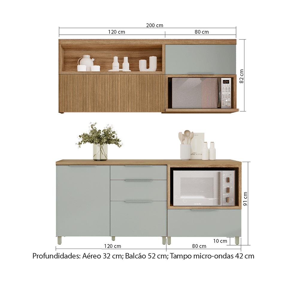Cozinha Completa Marquesa II com Ilha 100% MDF 4 Portas 7 Gavetas Verde e Nature