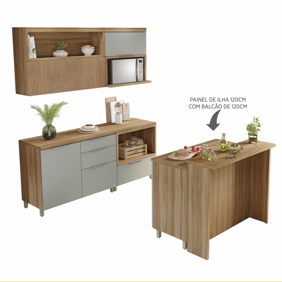 Cozinha Completa Marquesa II com Ilha 100% MDF 4 Portas 7 Gavetas Verde e Nature
