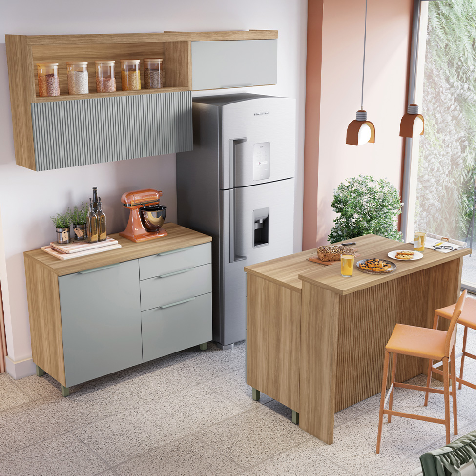 Cozinha Completa Marquesa com Ilha 100% MDF 4 Portas 6 Gavetas Verde e Nature