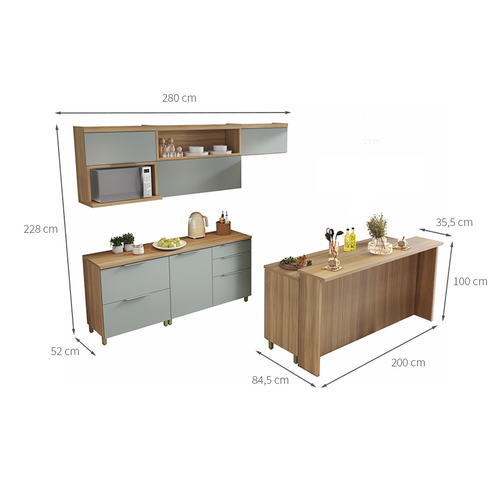 Cozinha Completa Marquesa com Ilha 100% MDF 7 Portas 8 Gavetas Verde e Nature