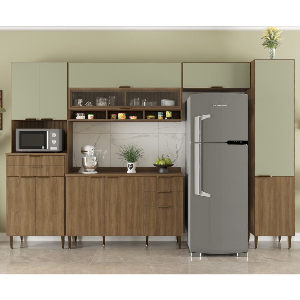 Cozinha Completa Paris 11 Portas 5 Gavetas Nogal e Verde