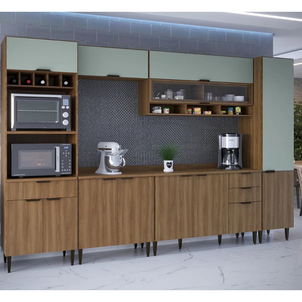 Cozinha Completa Paris 12 Portas 4 Gavetas Nogal e Verde