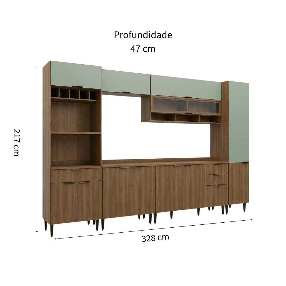Cozinha Completa Paris 12 Portas 4 Gavetas Nogal e Verde
