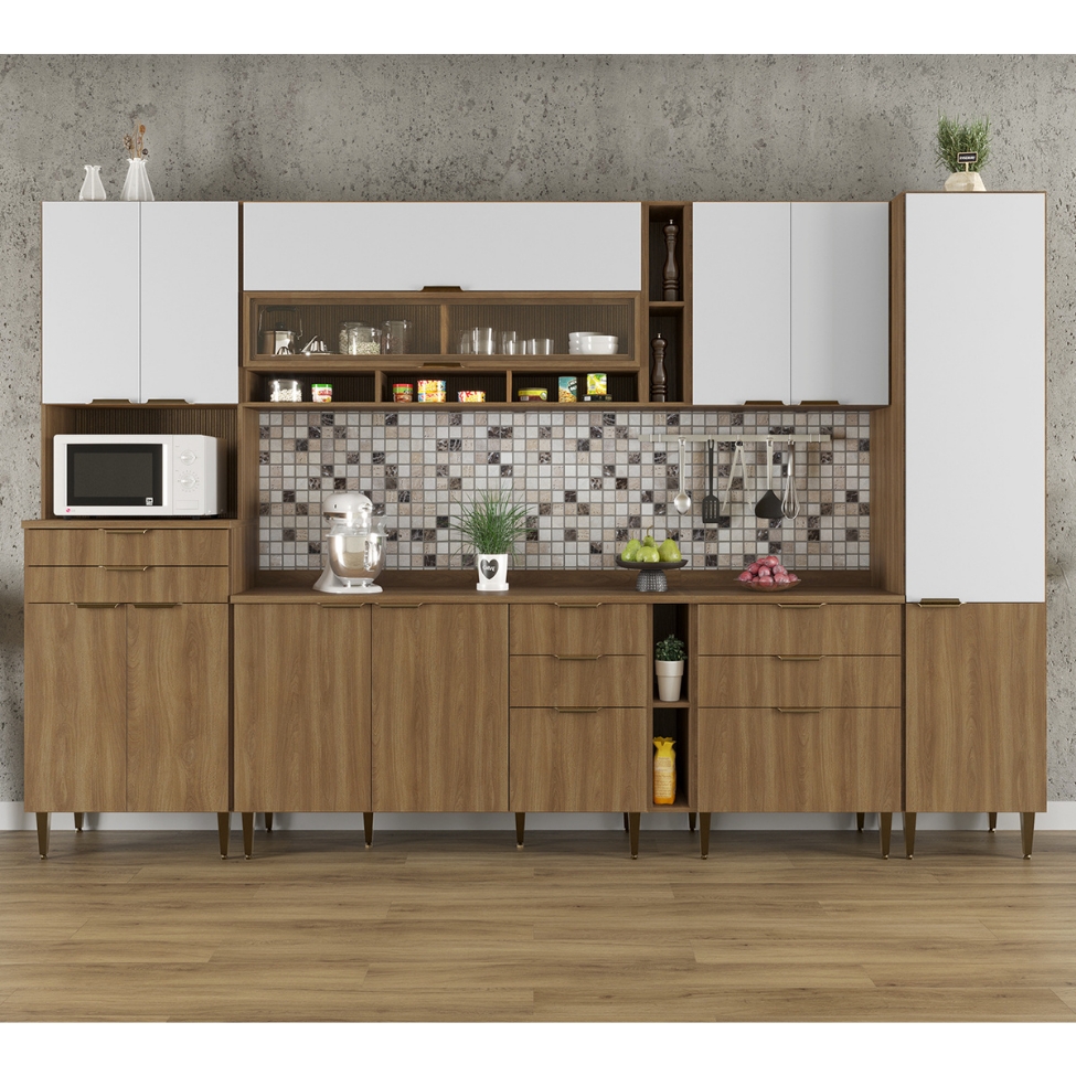 Cozinha Completa Paris 12 Portas 8 Gavetas Nogal e Branca