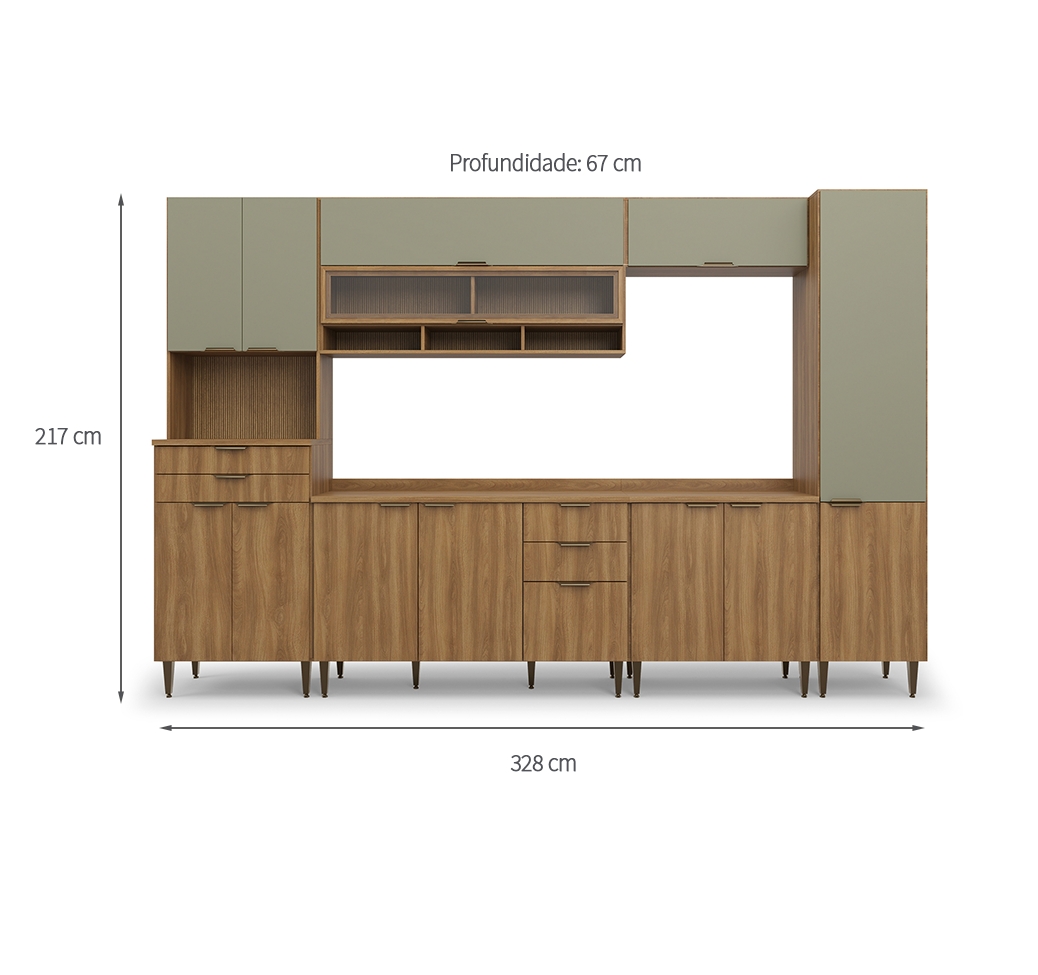 Cozinha Completa Paris 13 Portas 5 Gavetas Nogal e Verde