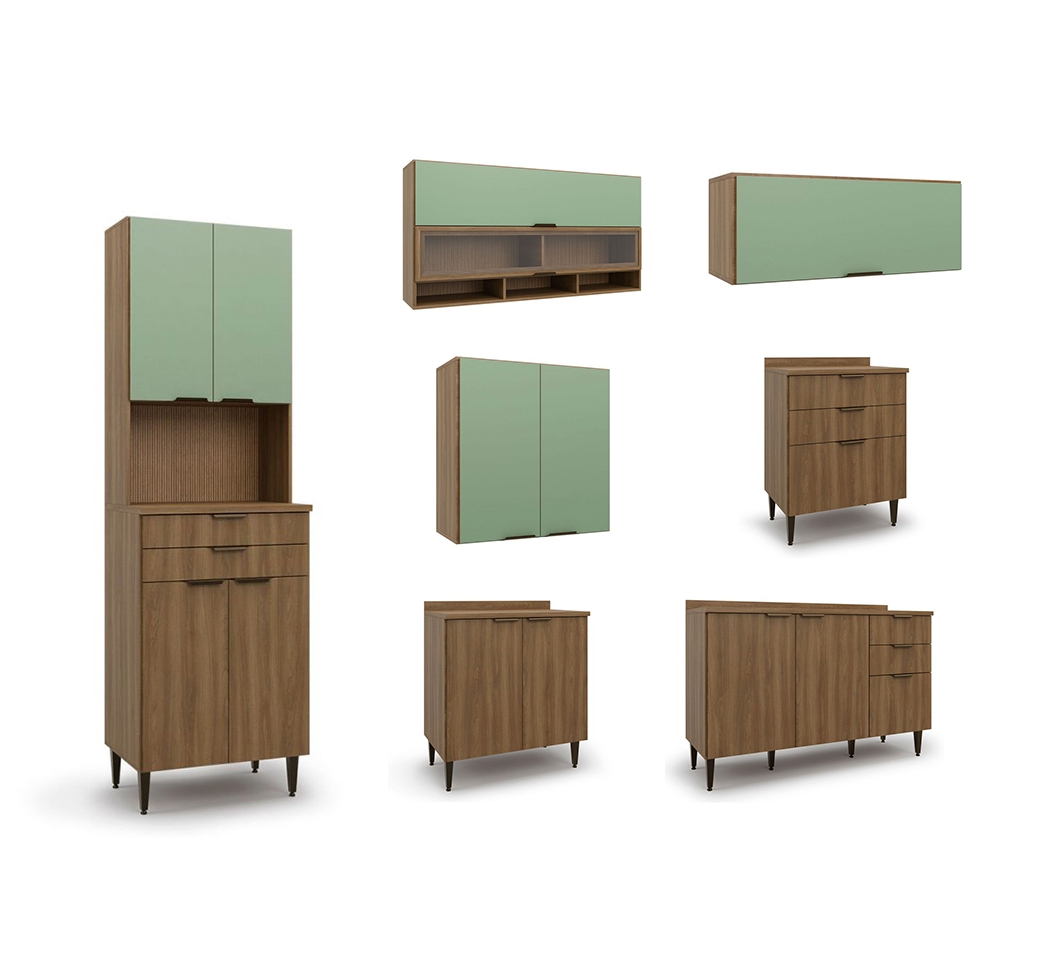 Cozinha Completa Paris 13 Portas 8 Gavetas Nogal e Verde