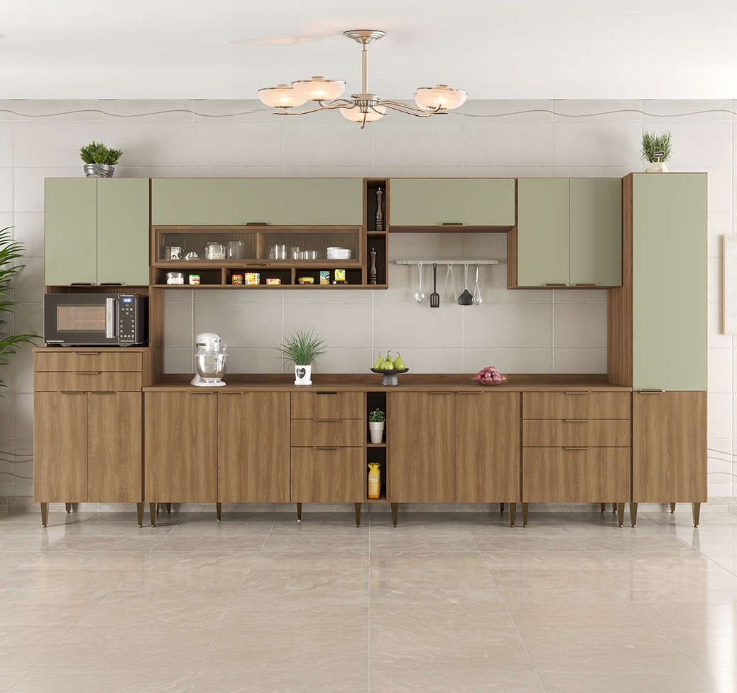 Cozinha Completa Paris 15 Portas 8 Gavetas Nogal e Verde