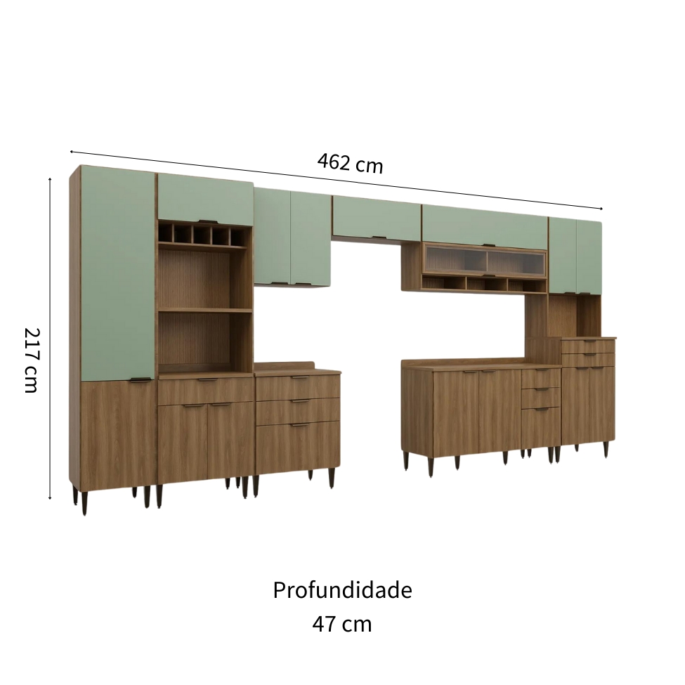 Cozinha Completa Paris 16 Portas 9 Gavetas Nogal e Verde