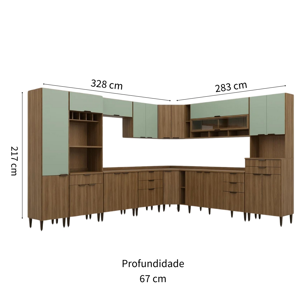 Cozinha Completa Paris 21 Portas 9 Gavetas Nogal e Verde