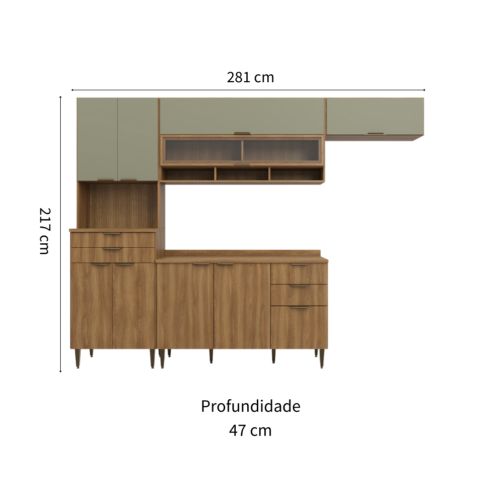Cozinha Completa Paris 9 Portas 5 Gavetas Nogal e Verde