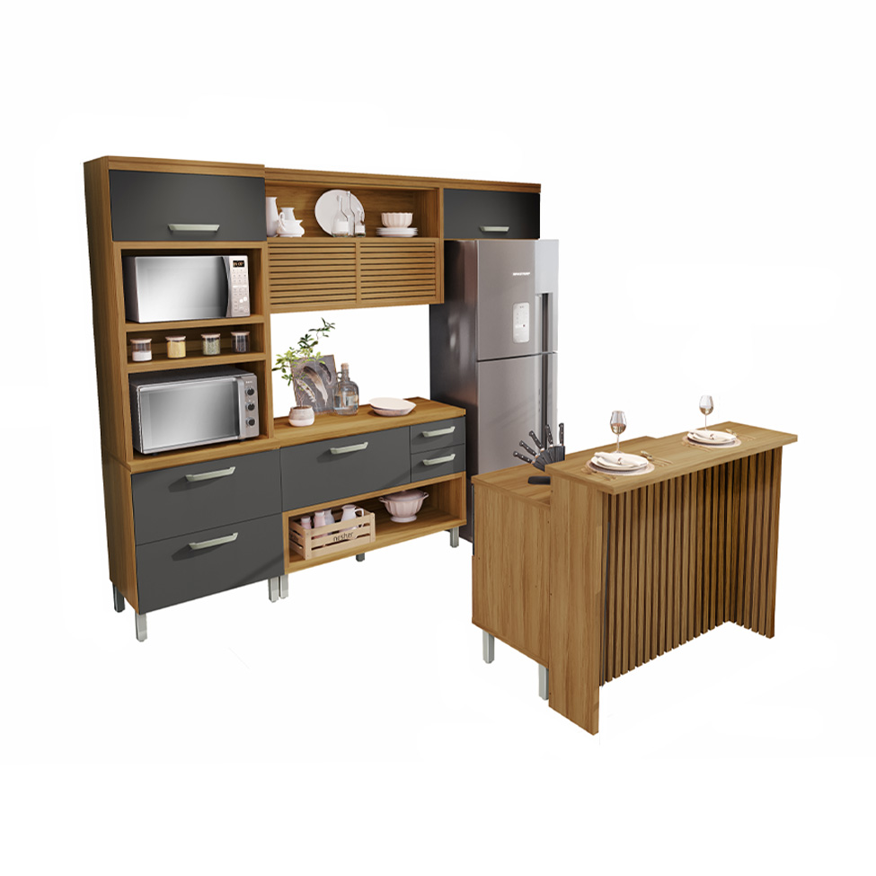 Cozinha Completa Princesa com Ilha 7 Portas 6 Gavetas Freijó e Grafite