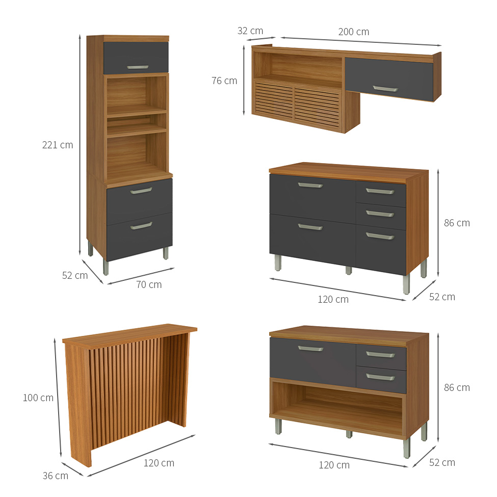 Cozinha Completa Princesa com Ilha 7 Portas 6 Gavetas Freijó e Grafite