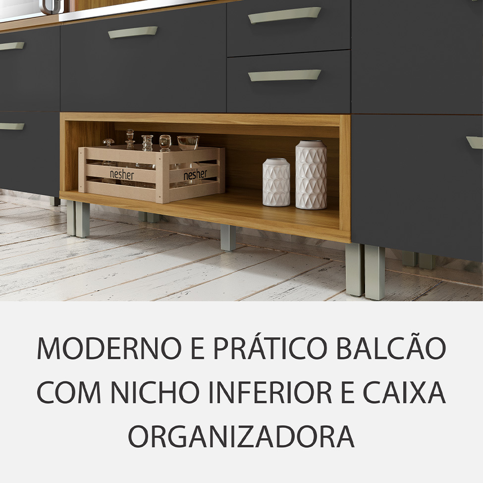 Cozinha Completa Princesa com Ilha 7 Portas 6 Gavetas Freijó e Grafite