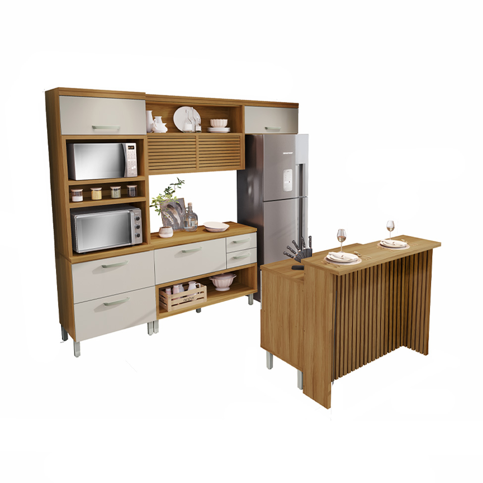 Cozinha Completa Princesa com Ilha 7 Portas 6 Gavetas Freijó e Off White