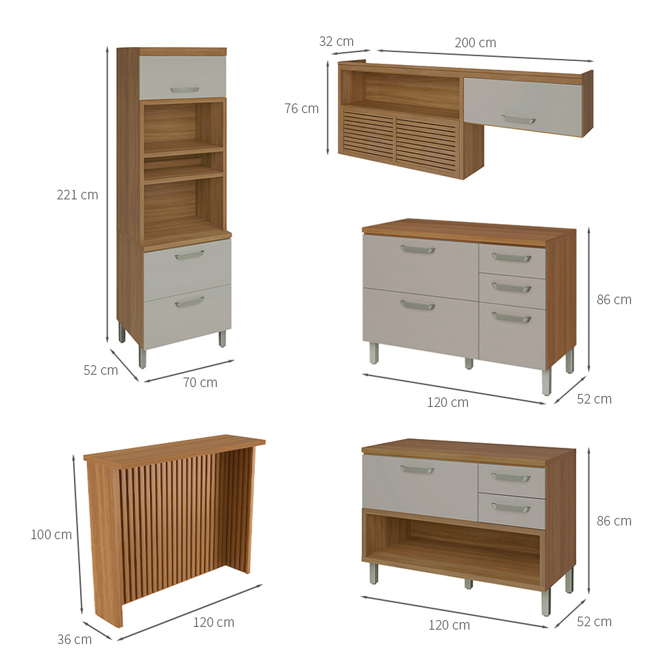 Cozinha Completa Princesa com Ilha 7 Portas 6 Gavetas Freijó e Off White