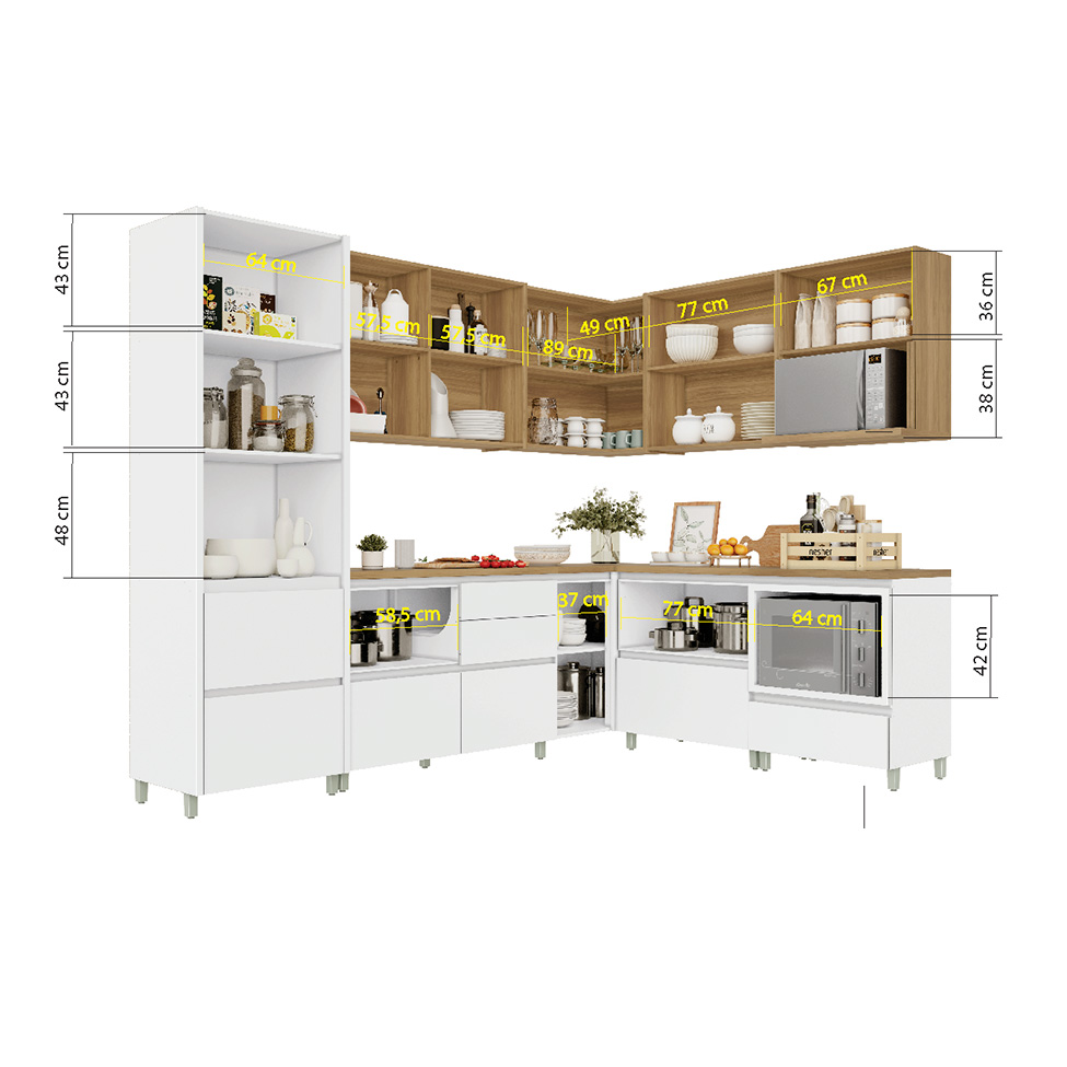 Cozinha Completa Rainha 100% MDF 12 Portas 8 Gavetas Branca e Nature