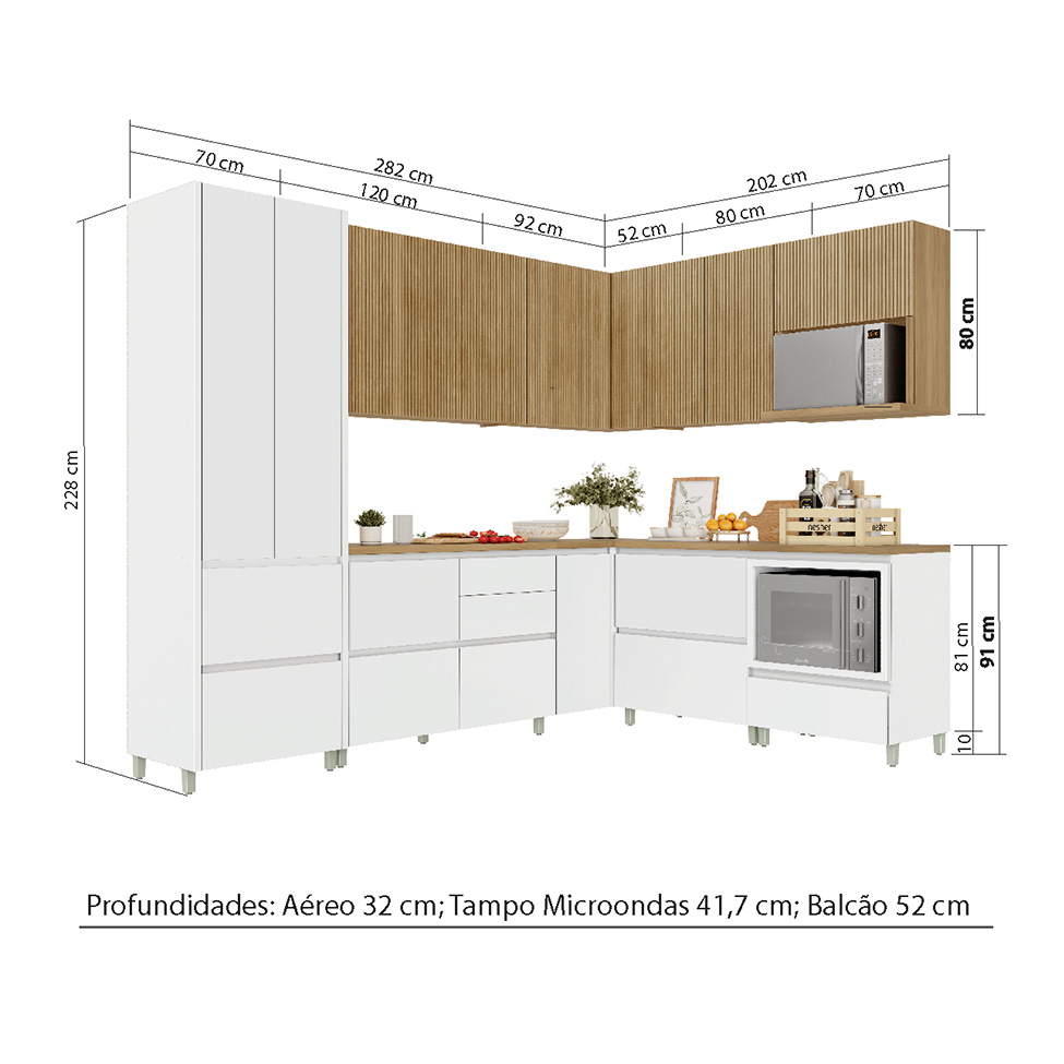 Cozinha Completa Rainha 100% MDF 12 Portas 8 Gavetas Branca e Nature