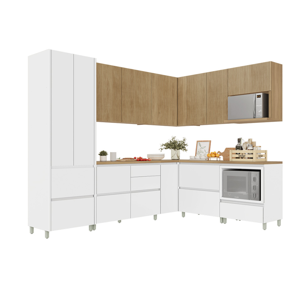 Cozinha Completa Rainha 100% MDF 12 Portas 8 Gavetas Branca e Nature