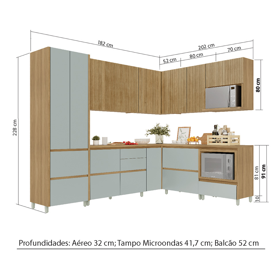 Cozinha Completa Rainha 100% MDF 12 Portas 8 Gavetas Verde e Nature