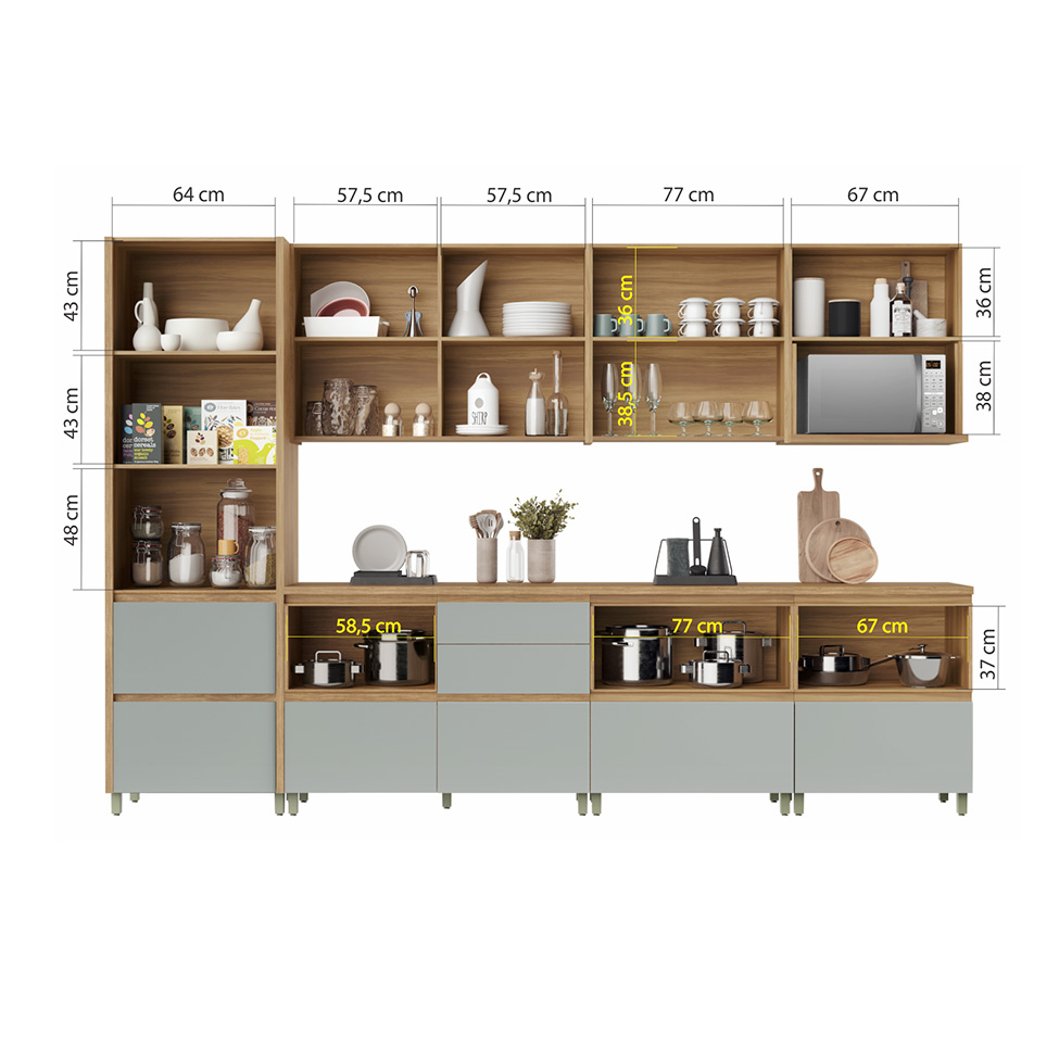 Cozinha Completa Rainha com Ilha 100% MDF 10 Portas 8 Gavetas Verde e Nature