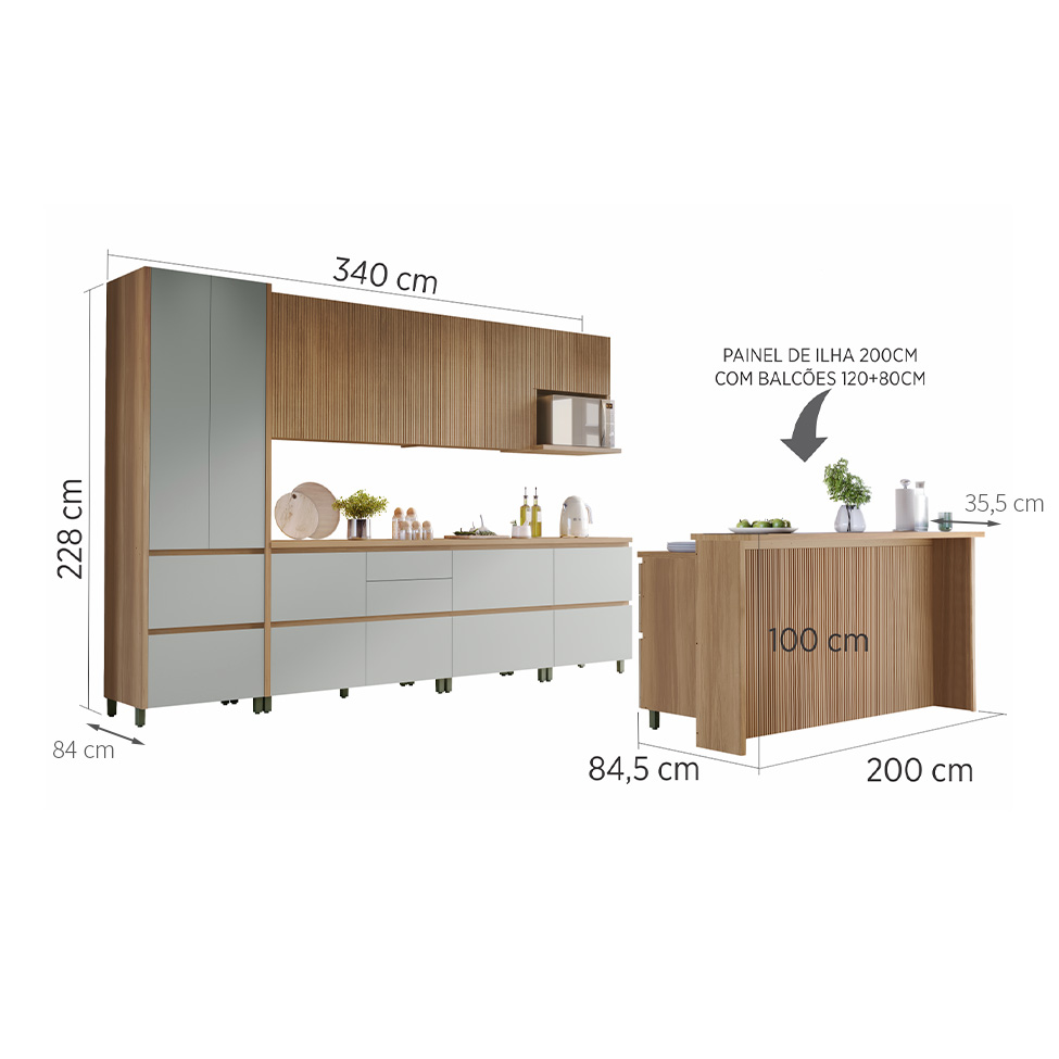 Cozinha Completa Rainha com Ilha 100% MDF 10 Portas 8 Gavetas Verde e Nature