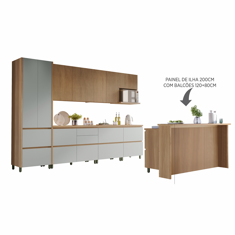 Cozinha Completa Rainha com Ilha 100% MDF 10 Portas 8 Gavetas Verde e Nature