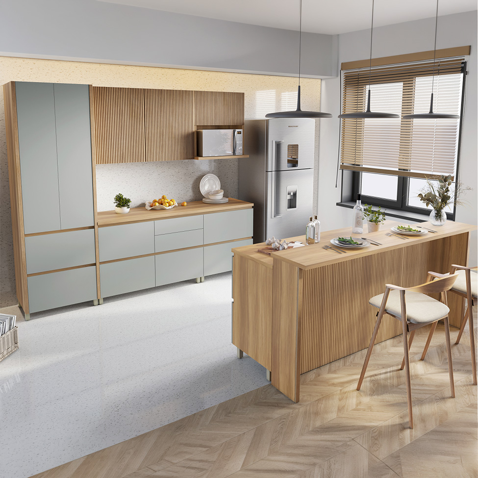 Cozinha Completa Rainha com Ilha 100% MDF 7 Portas 7 Gavetas Verde e Nature