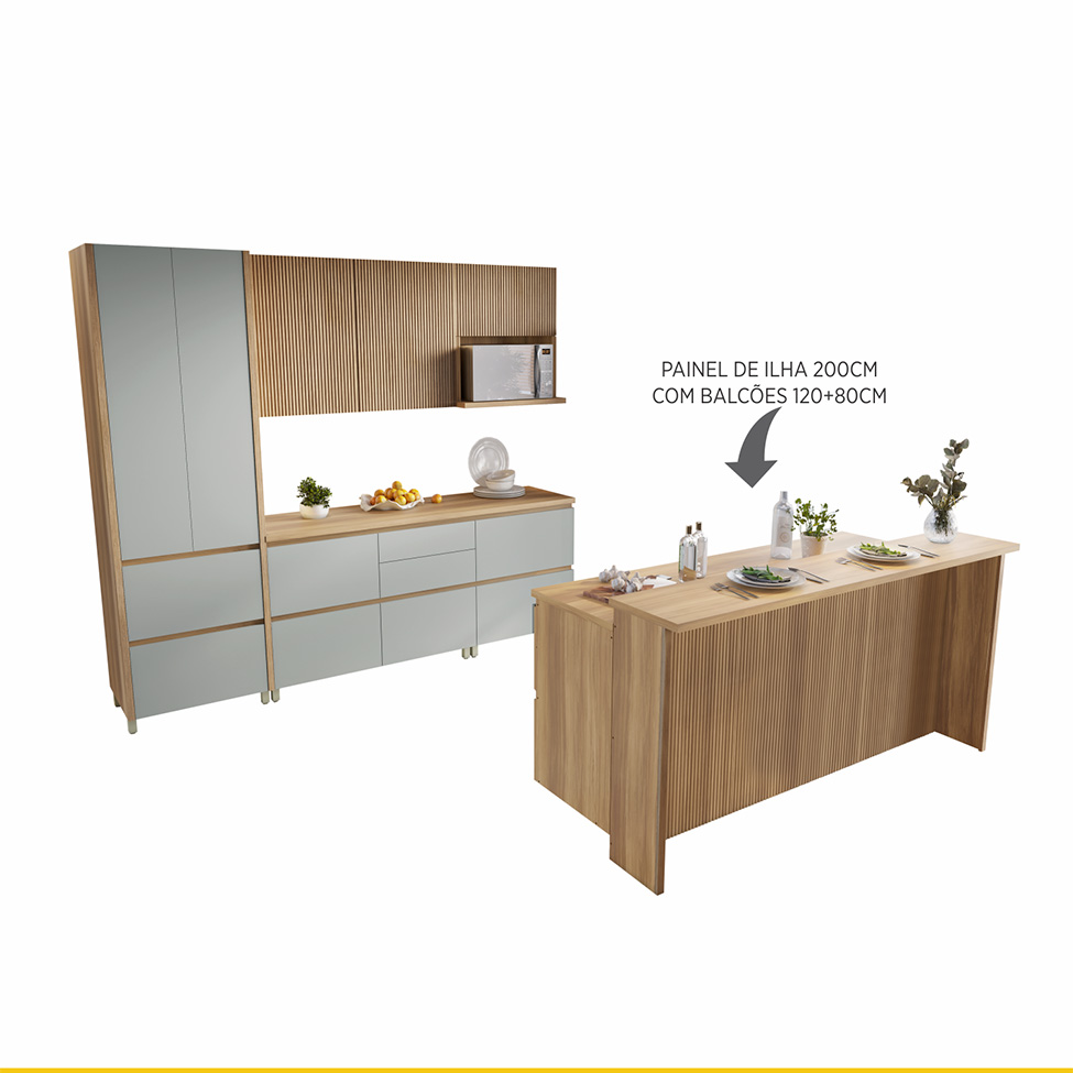 Cozinha Completa Rainha com Ilha 100% MDF 7 Portas 7 Gavetas Verde e Nature