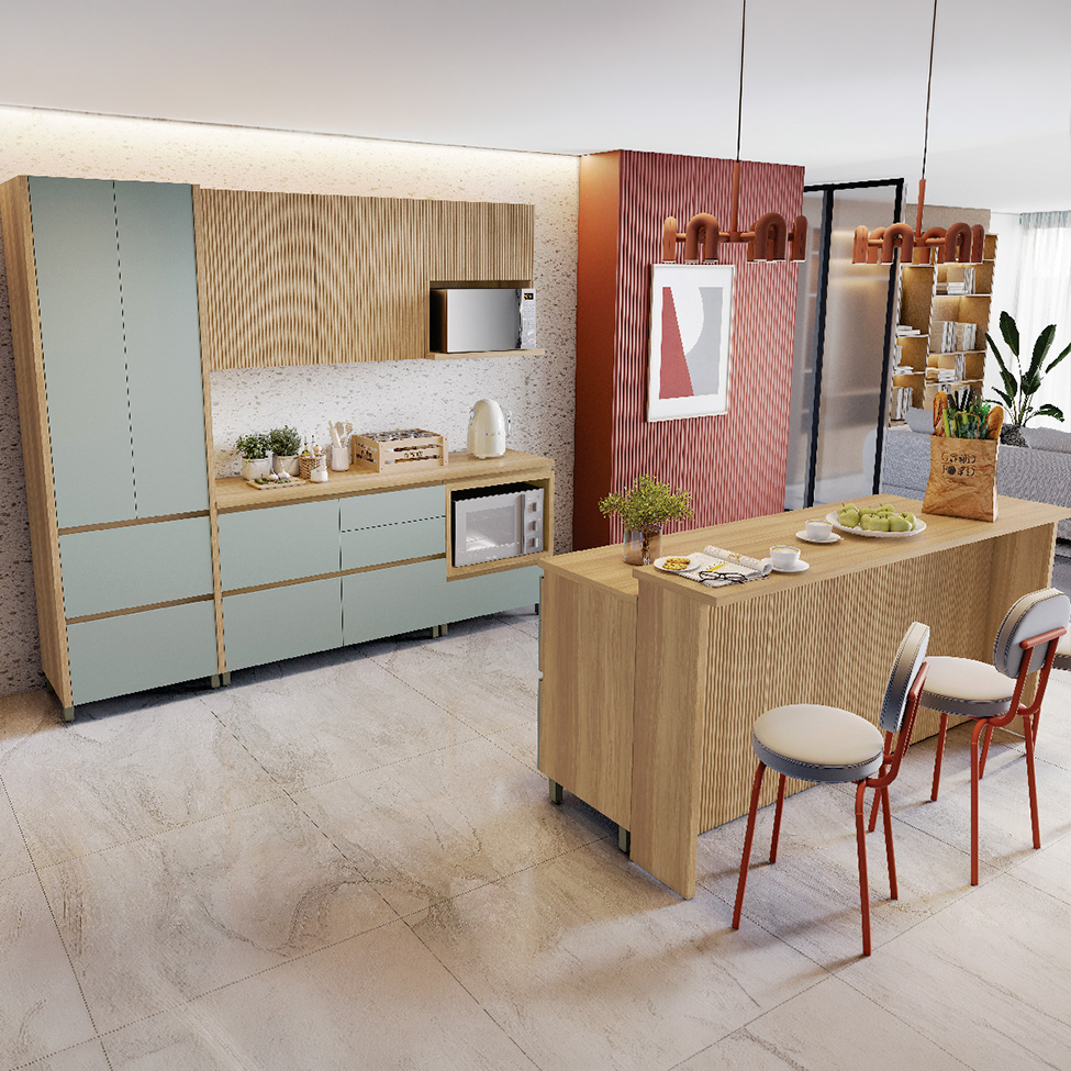 Cozinha Completa Rainha com Ilha 100% MDF 8 Portas 12 Gavetas Verde e Nature