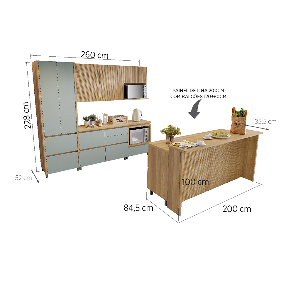 Cozinha Completa Rainha com Ilha 100% MDF 8 Portas 12 Gavetas Verde e Nature