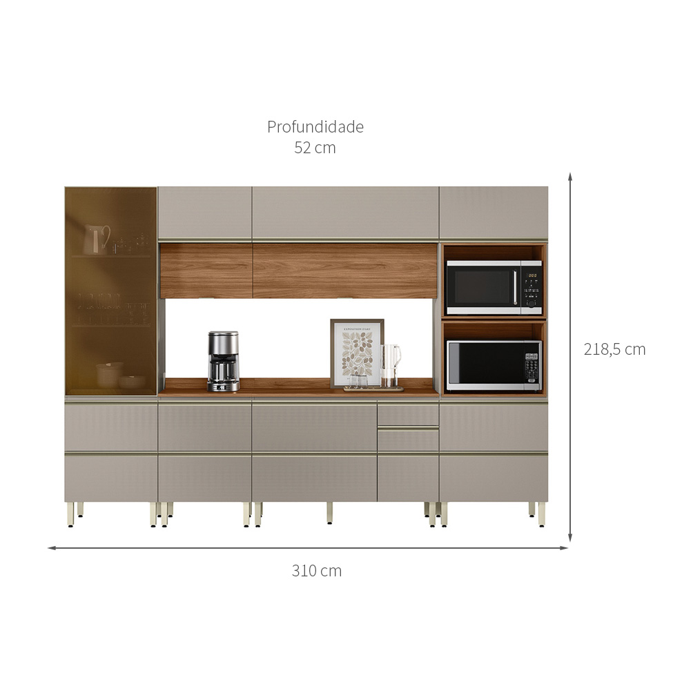 Cozinha Completa com 1 Vidro Reflecta Proença 9 Portas 8 Gavetas Nude e Nogueira