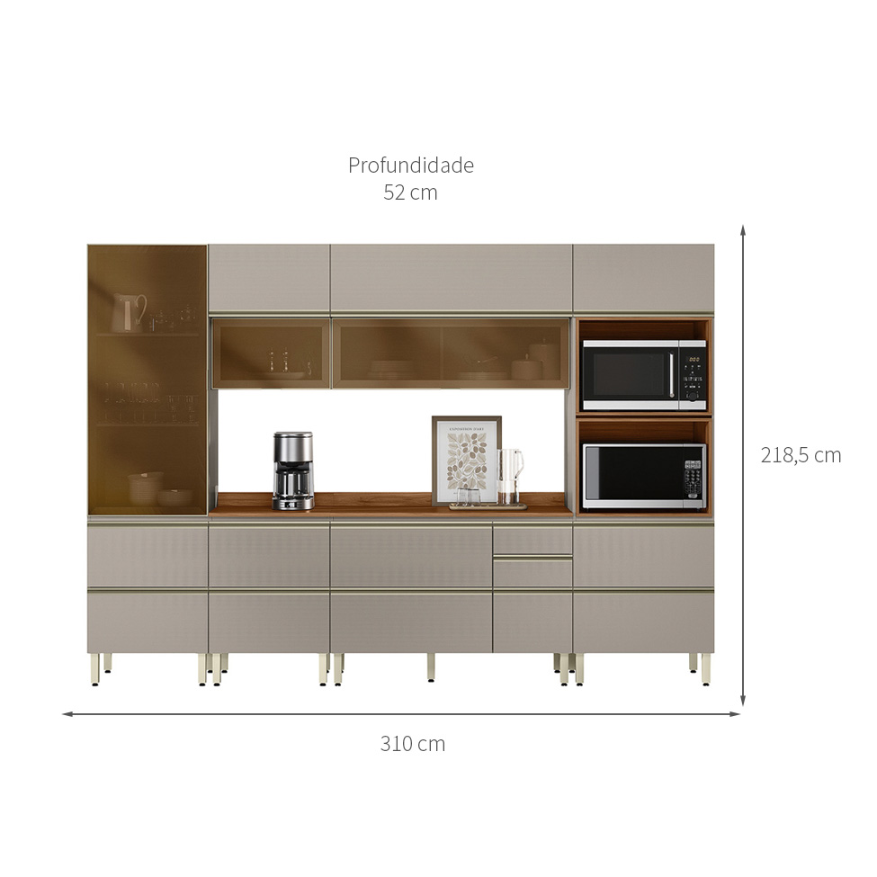 Cozinha Completa com 3 Vidros Reflecta Proença 9 Portas 8 Gavetas Nude e Nogueira